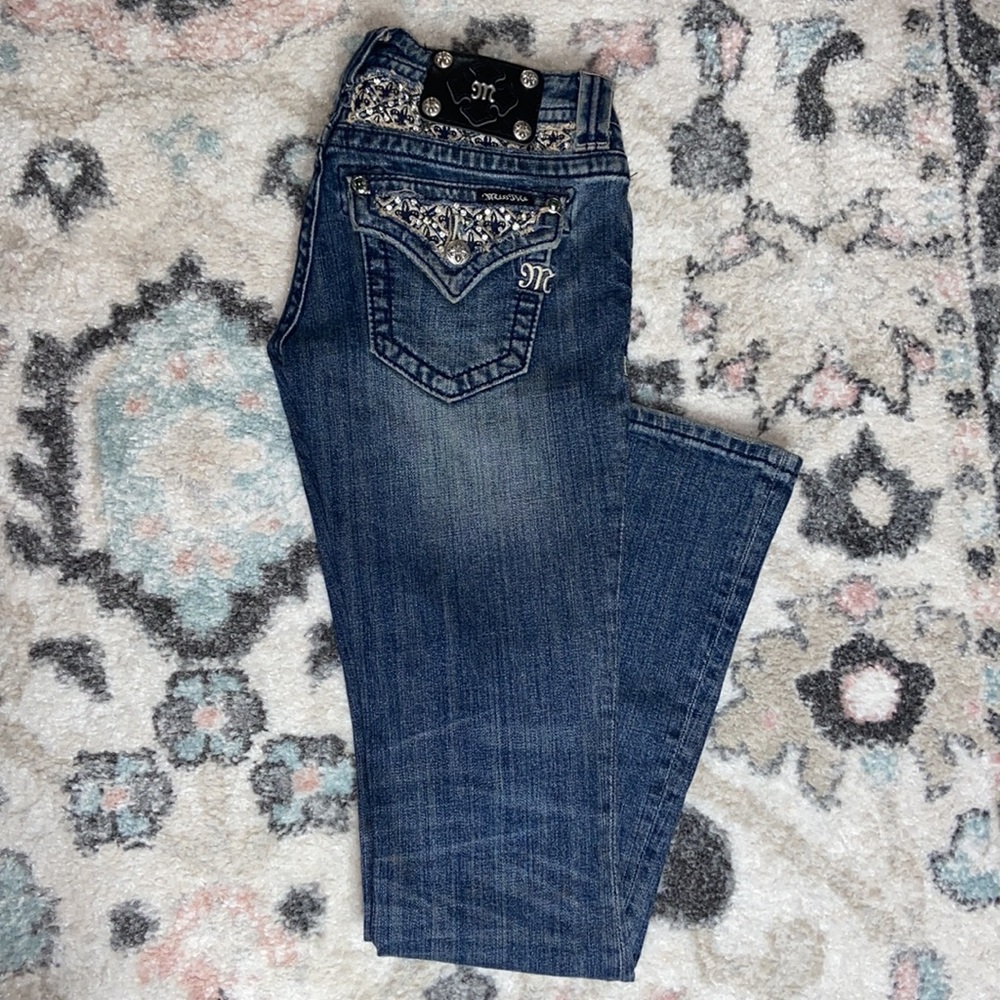Vintage Miss Me Rhinestone Boot Cut Denim Blue Jeans